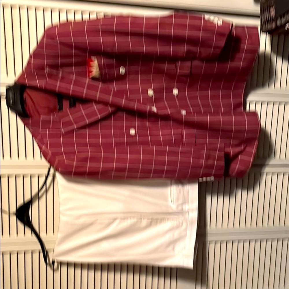 Wine with white stripes Jacket. With White Patches on sleeves. White Pants